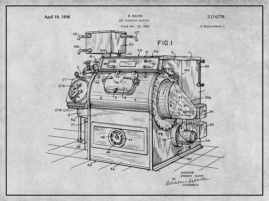 1936 Dry Cleaning Machine Gray Patent Print Drawing by Greg Edwards