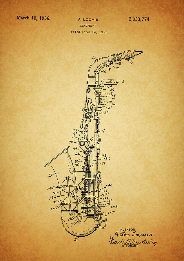 Music Drawing - 1936 Saxophone Patent by Dan Sproul