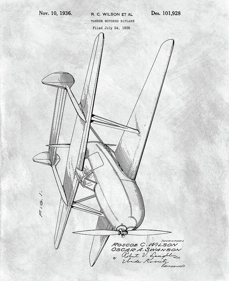 1936 Tandem Motored Biplane Patent Drawing by Dan Sproul