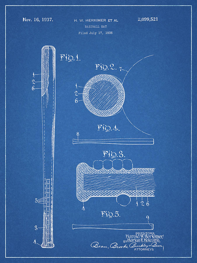 1937 Baseball Bat Patent Blueprint Drawing by Dan Sproul