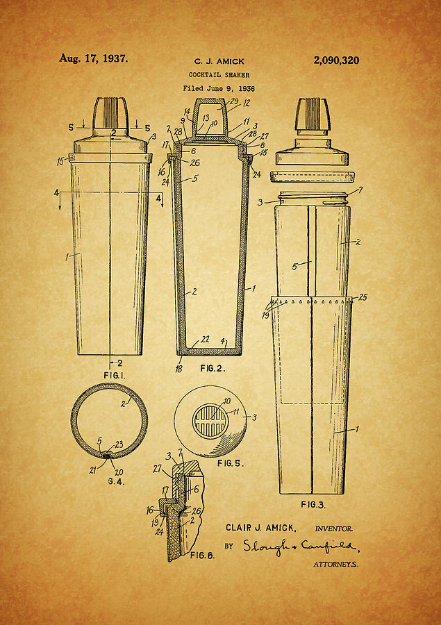 Cocktail Drawing - 1937 Cocktail Shaker Patent by Dan Sproul