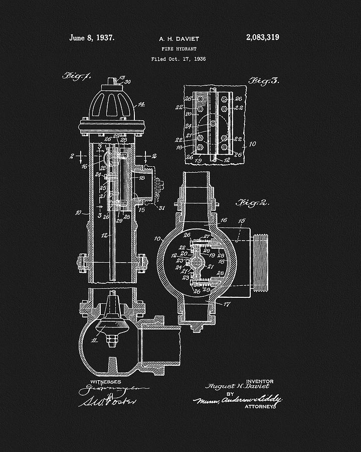 1937 Fire Hydrant Patent Drawing by Dan Sproul