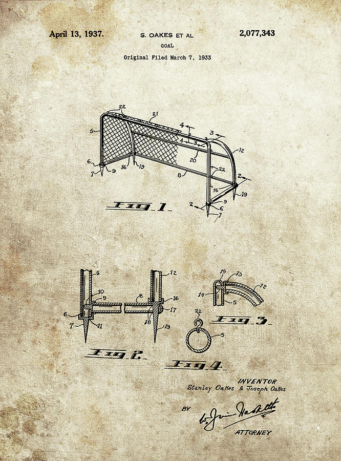 1937 Goal Patent Drawing Drawing by Dan Sproul