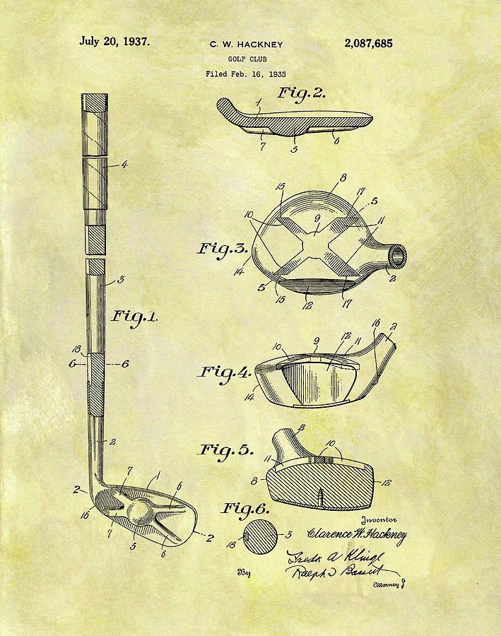 Golf Club Head Drawing - 1937 Golf Club Patent by Dan Sproul