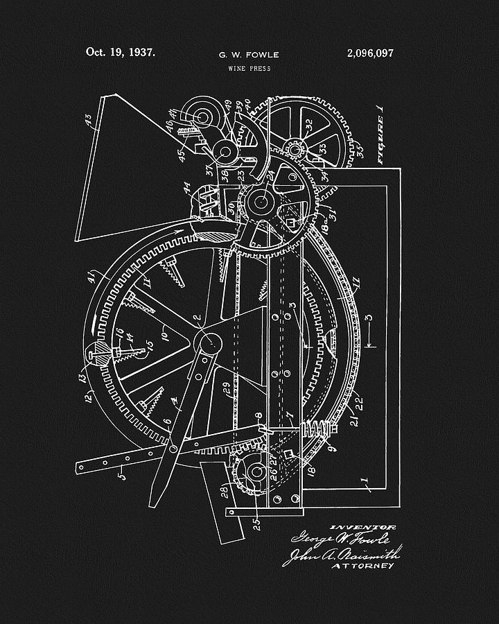 1937 Wine Press Patent Drawing by Dan Sproul
