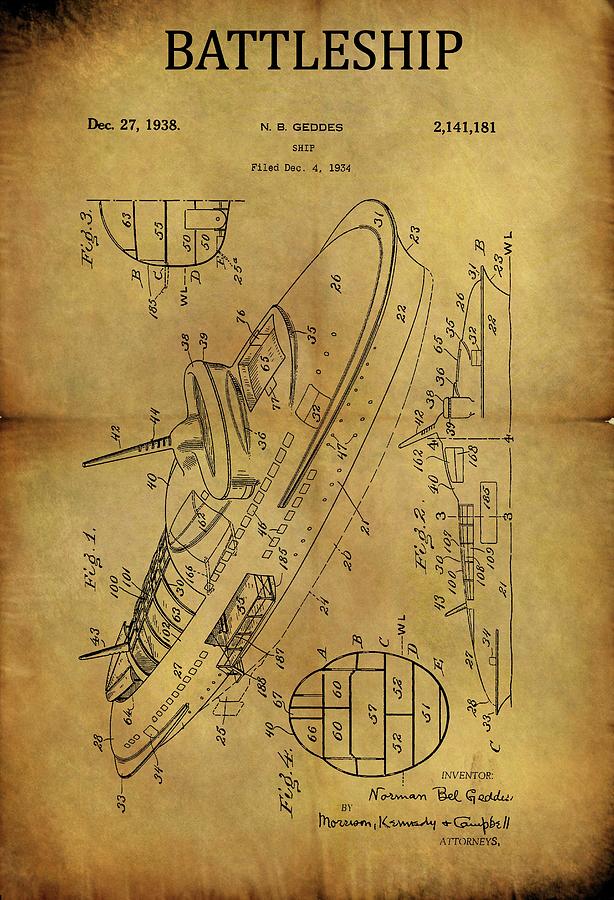 Battleship Drawing - 1938 Battleship Patent by Dan Sproul