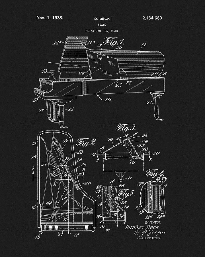 Piano Drawing - 1938 Beck Piano Patent by Dan Sproul