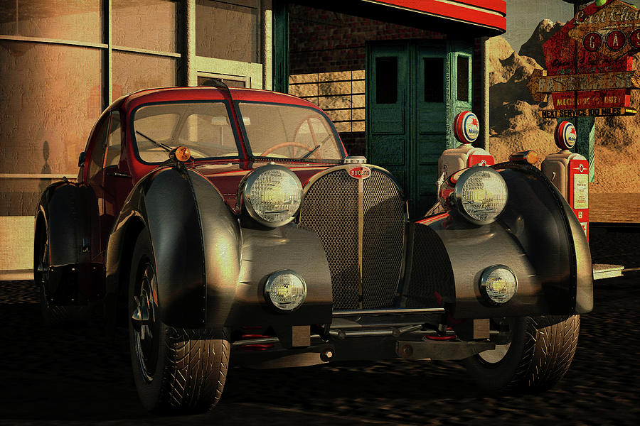 1938 Bugatti Atlantic at a vintage gas station on Route 66 Digital Art by Jan Keteleer