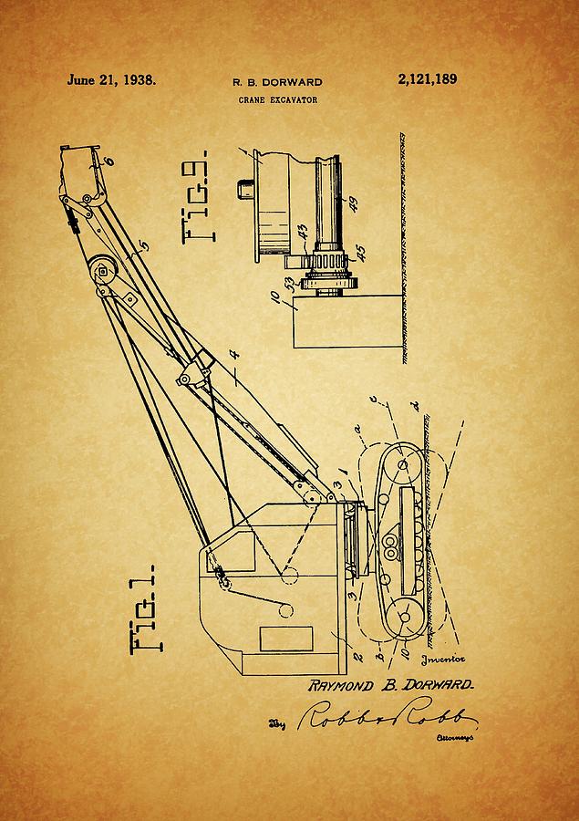 Excavator Drawing - 1938 Crane Excavator Patent by Dan Sproul