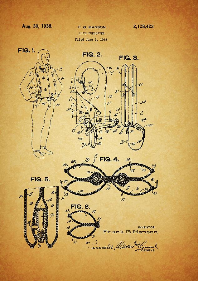 1938 Life Preserver Patent Drawing by Dan Sproul