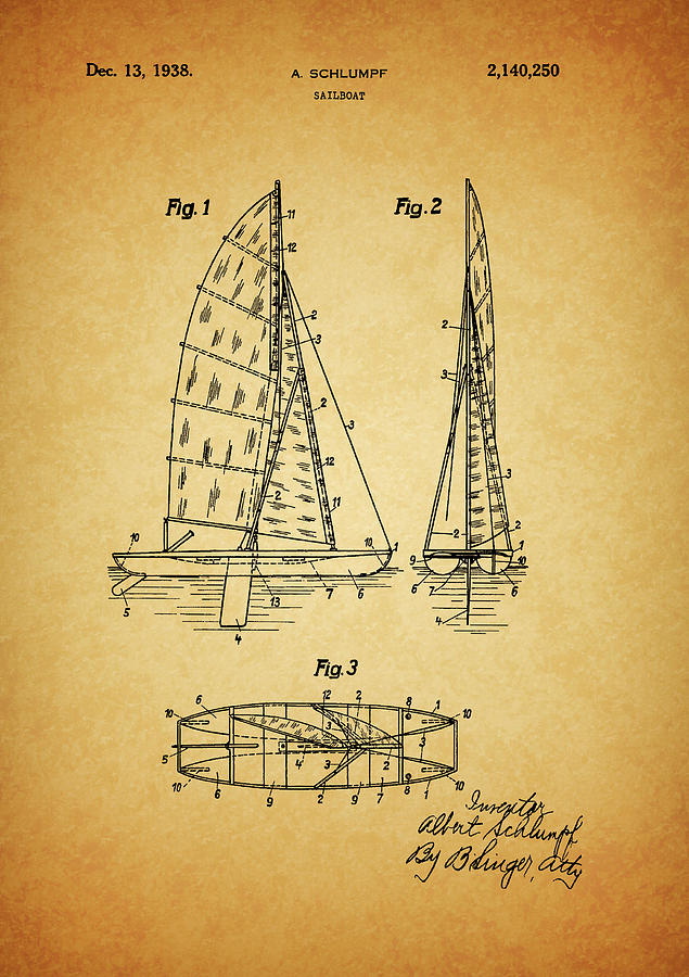 Boat Drawing - 1938 Sailboat Patent by Dan Sproul