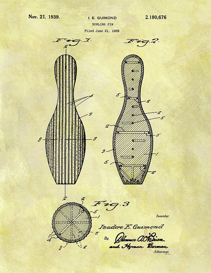 Sports Drawing - 1939 Bowling Pin Patent by Dan Sproul