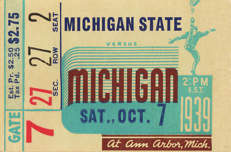 1939 Michigan State vs. Michigan Football Ticket Art Mixed Media by Row One Brand