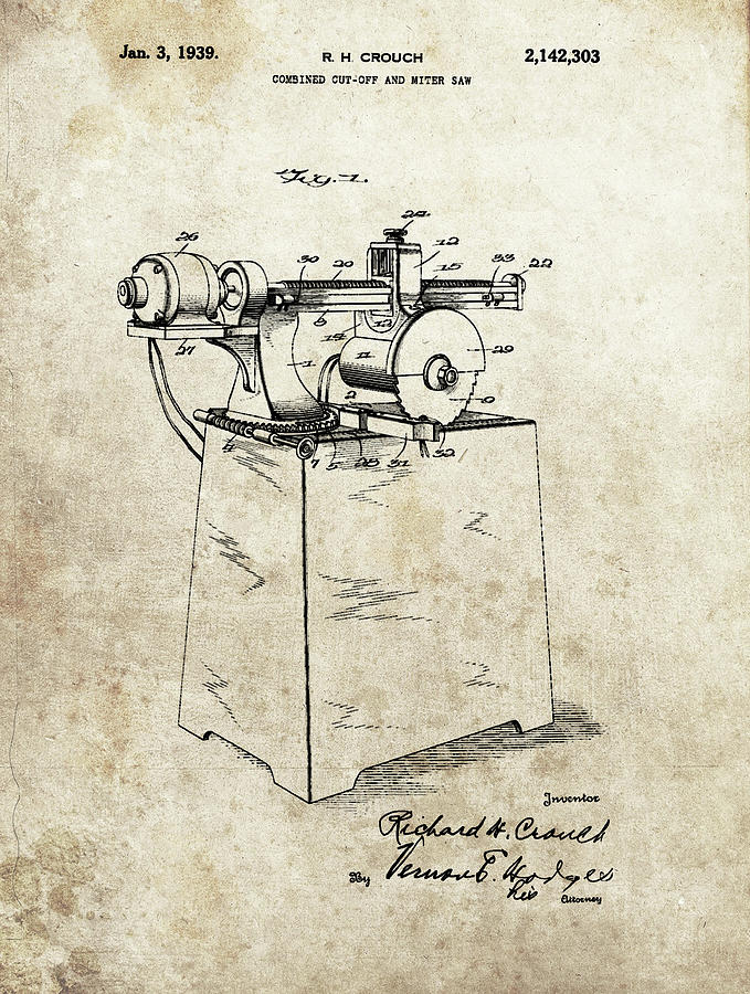 Saw Drawing - 1939 Miter Saw Patent by Dan Sproul