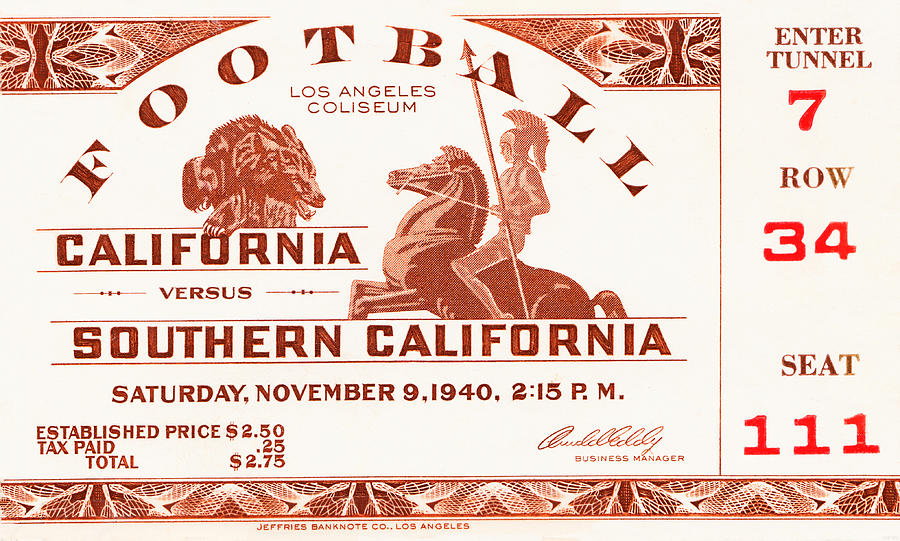 1940 California vs. USC Ticket Stub Art Mixed Media by Row One Brand