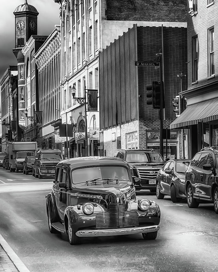 1940 Chevy Downtown Staunton Virginia - Black and White Photograph by Susan Rissi Tregoning
