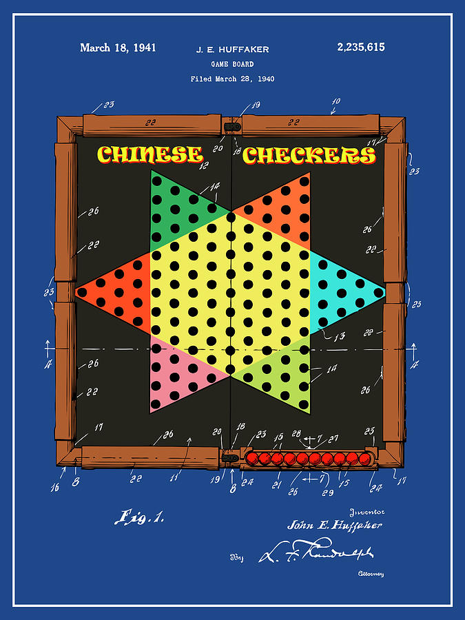 1940 Chinese Checkers Game Board Colorized Patent Print Dark Blue Drawing by Greg Edwards