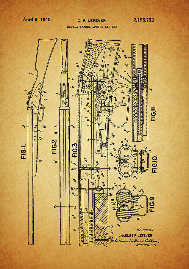 1940 Double Barrel Gun Patent Drawing by Dan Sproul