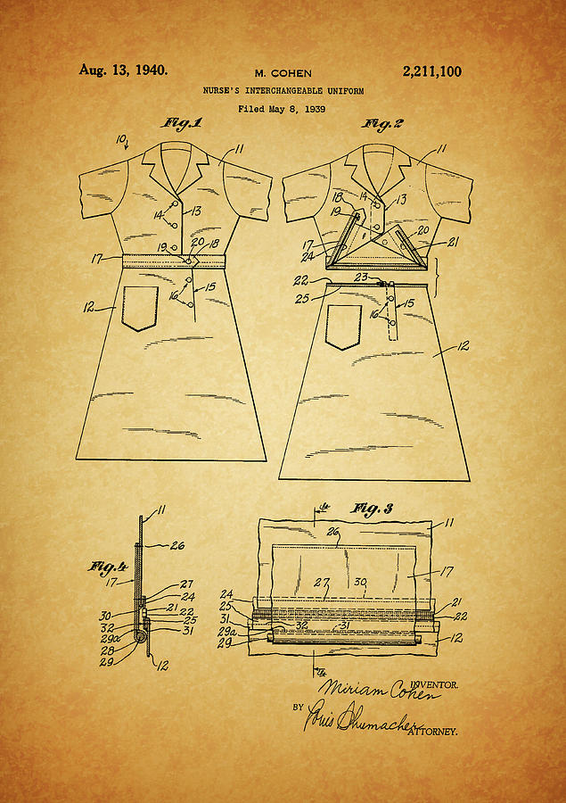 1940 Nurses Uniform Patent Drawing by Dan Sproul