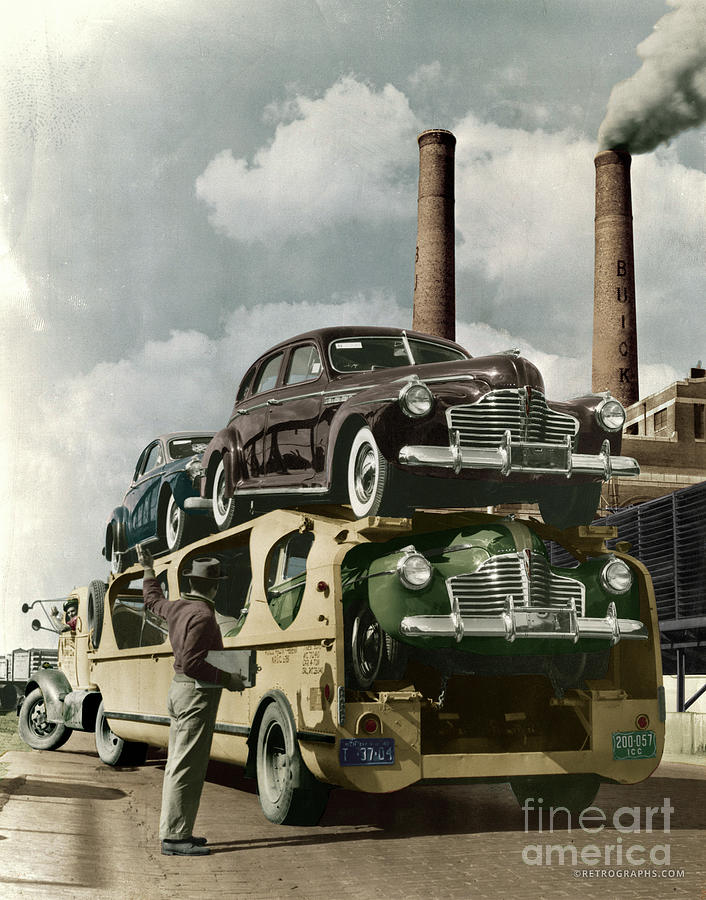 1940s Buicks on Transporter Colorized Photo Photograph by West Peterson