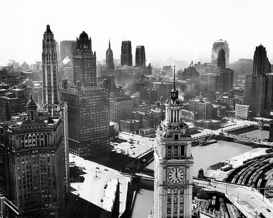 1940s looking SW from Tribune Tower Wacker Drive along Chicago River Wrigley Building tower Photograph by Panoramic Images