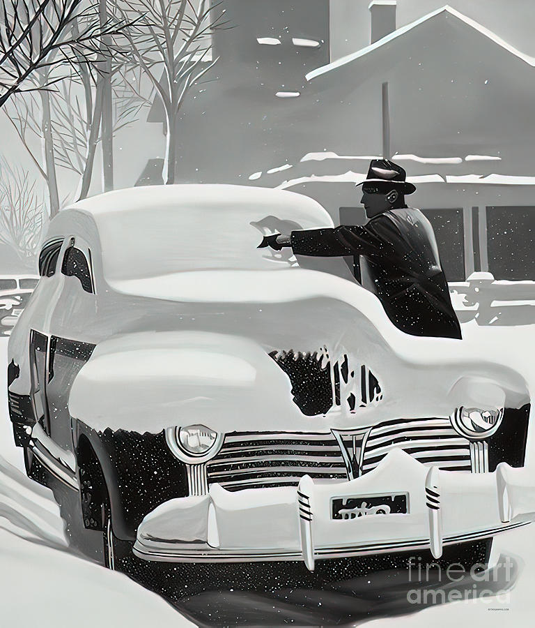 1940s Man wiping snow from car Drawing by Retrographs