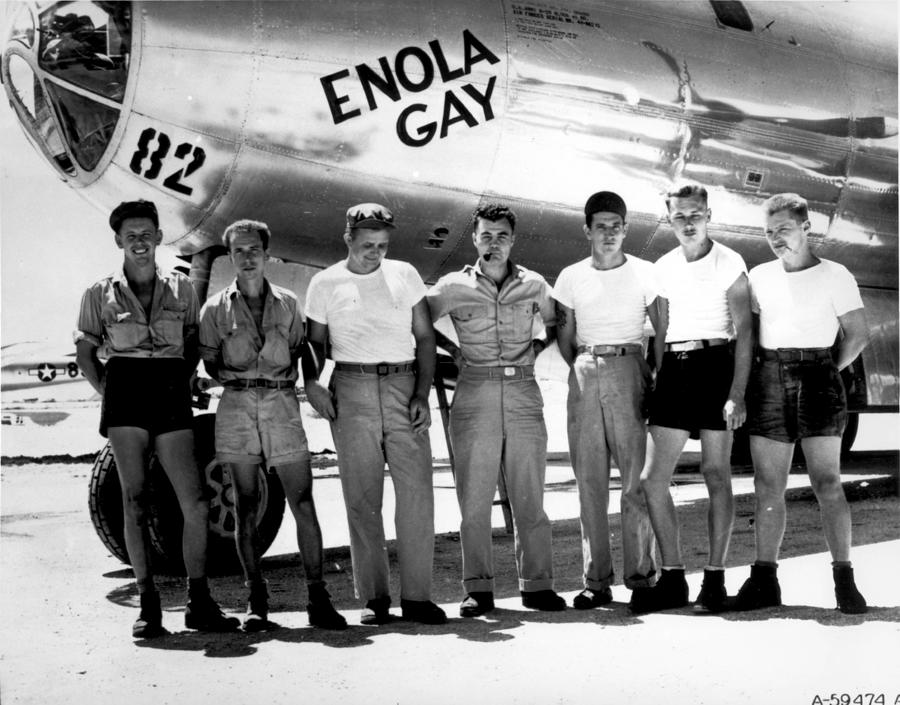 1940s  The ground crew of the B 29  Enola Gay which atom bombed Hiroshima Japan Painting by Artistic Rifki