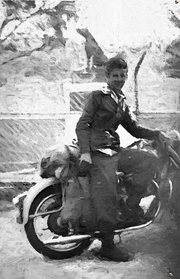 1940s Vintage Young Biker At Gundagai Dog Sits On The Tuckerbox Mixed Media by Joan Stratton