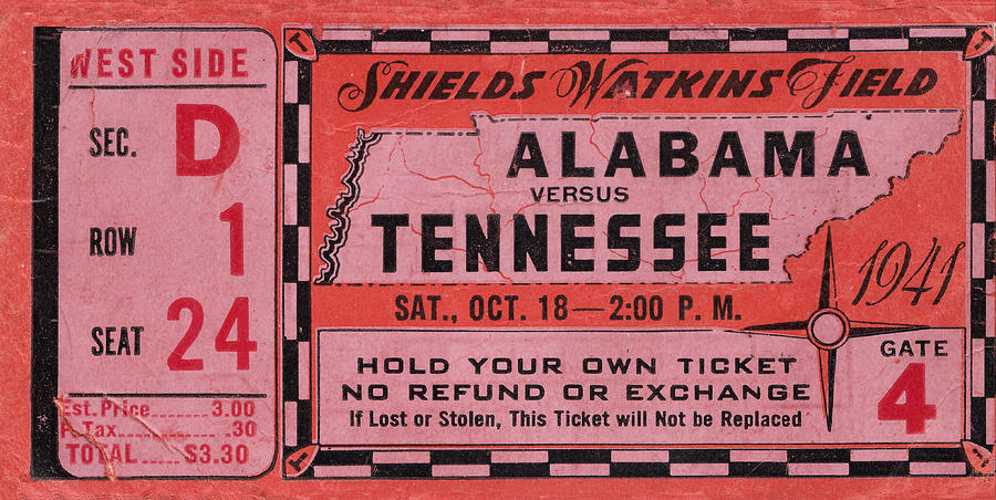 1941 Alabama vs. Tennessee Drawing by Row One Brand