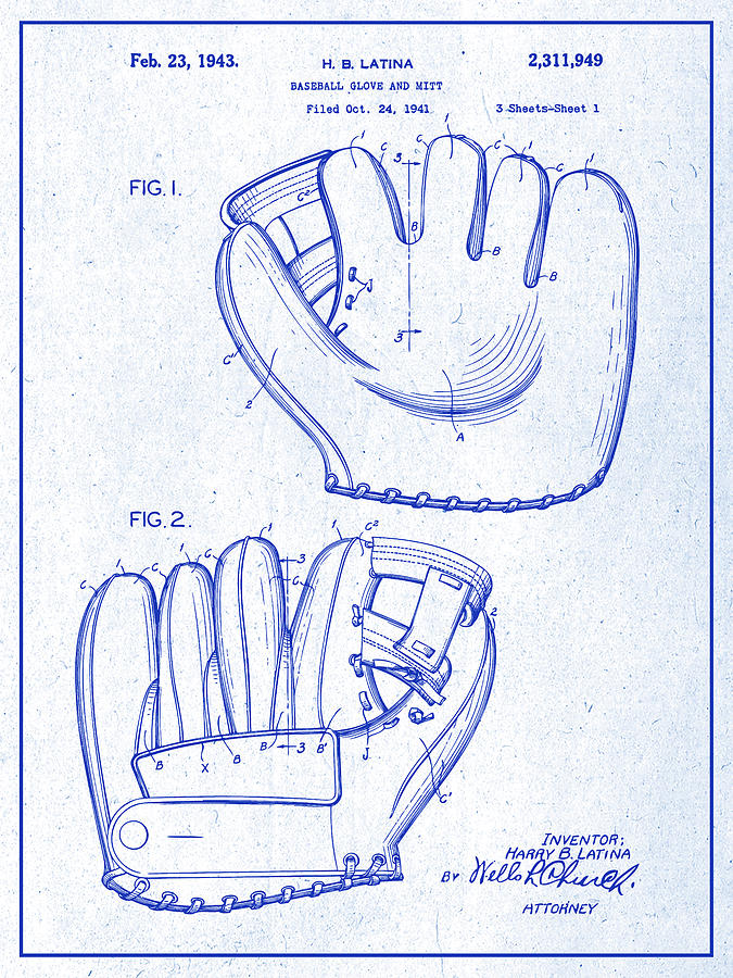 1941 Baseball Glove Blueprint Patent Print  Drawing by Greg Edwards