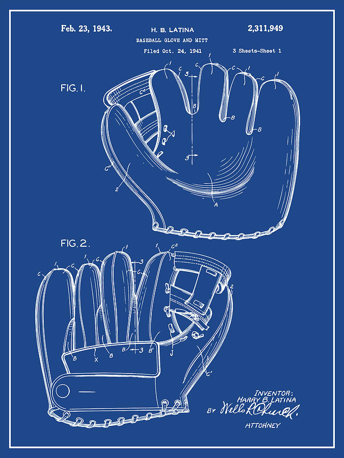 1941 Baseball Glove Dark Blue Patent Print Drawing by Greg Edwards