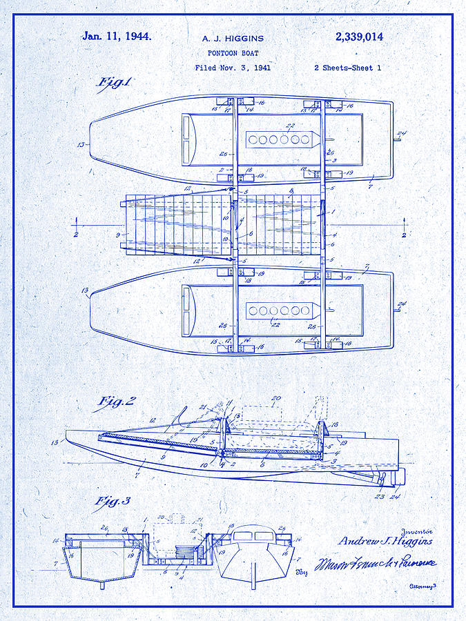 1941 Pontoon Boat Blueprint Patent Print by Greg Edwards