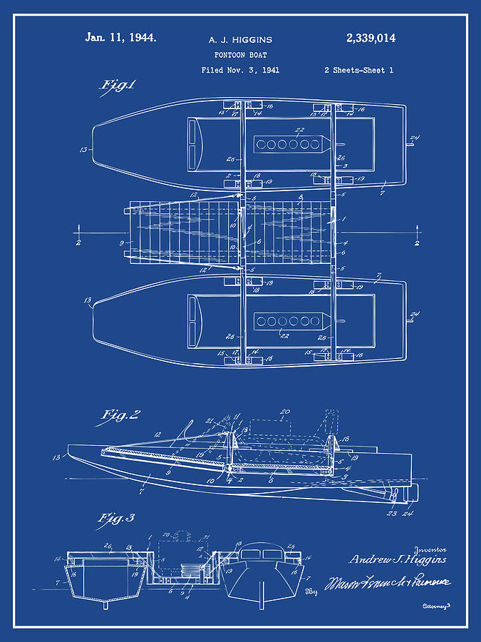 1941 Pontoon Boat Dark Blue Patent Print by Greg Edwards