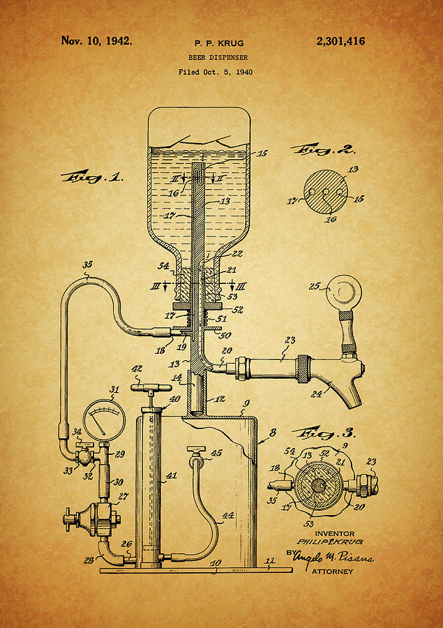 Bottle Drawing - 1942 Beer Dispenser Patent by Dan Sproul