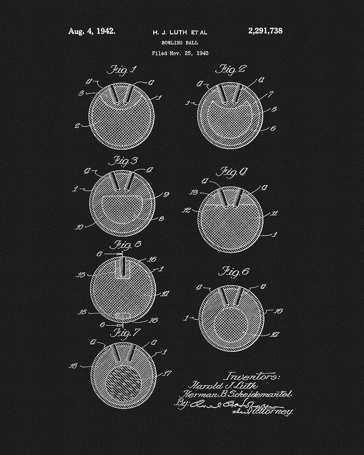 Sports Drawing - 1942 Bowling Ball Patent by Dan Sproul