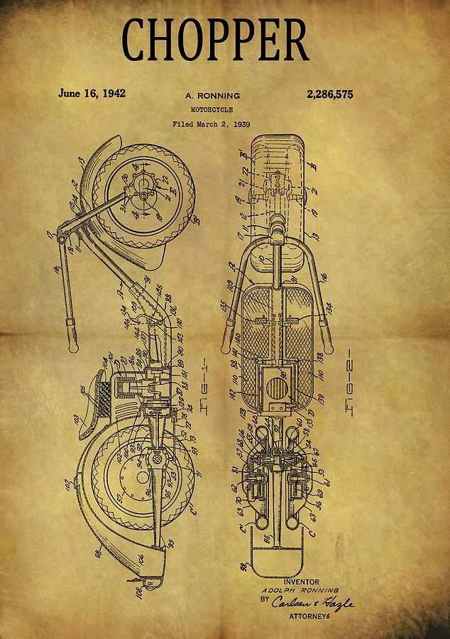 Motorcycle Drawing - 1942 Chopper Motorcycle Patent by Dan Sproul