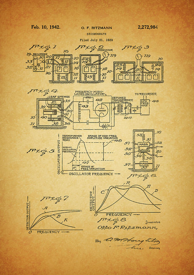 Seismograph Drawing - 1942 Seismograph Patent by Dan Sproul