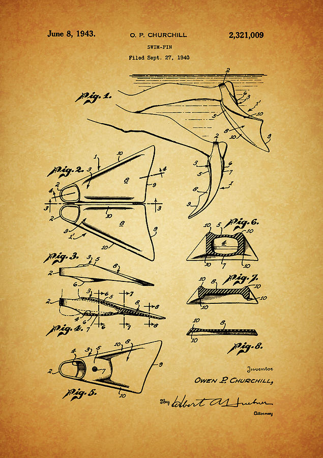 1943 Swimming Fins Patent Drawing by Dan Sproul