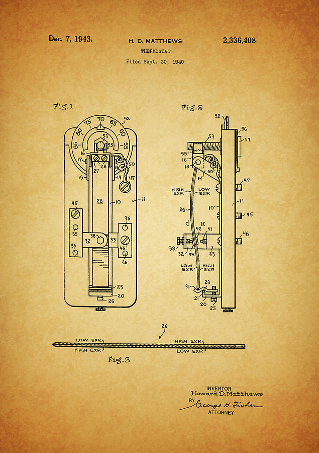 1943 Thermostat Patent Drawing by Dan Sproul