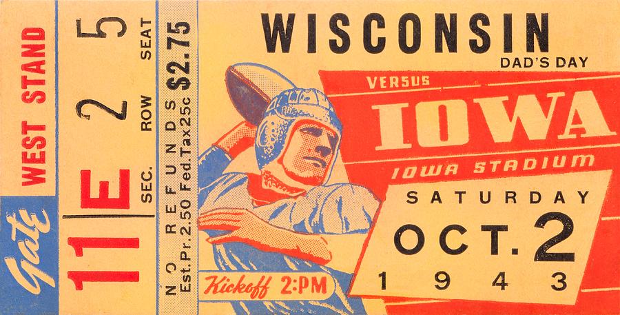 University Of Iowa Mixed Media - 1943 Wisconsin vs. Iowa Football Ticket Art by Row One Brand