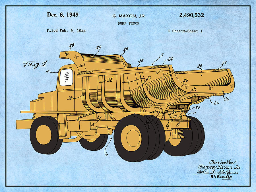 1944 Construction Truck Colorized Patent Print Light Blue Drawing by Greg Edwards