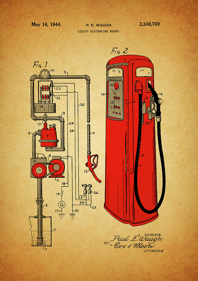 Vintage Drawing - 1944 Gas Pump Patent by Dan Sproul