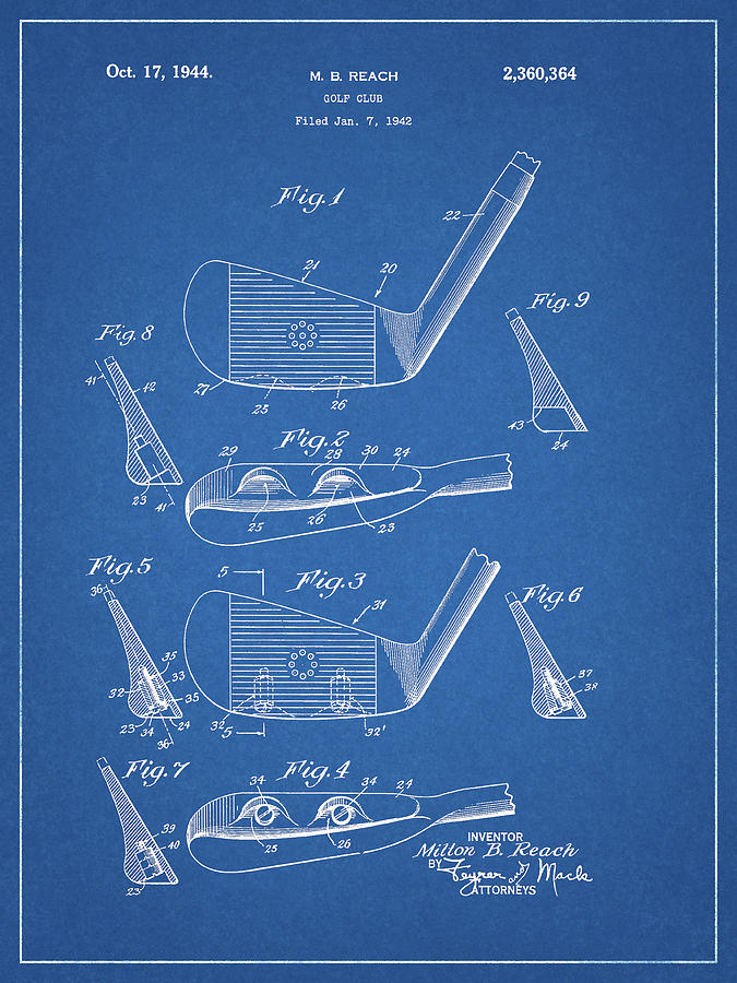 Golf Club Head Drawing - 1944 Golf Club Patent by Dan Sproul