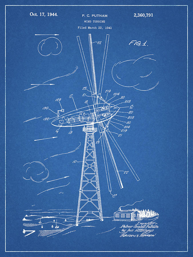 Wind Turbine Drawing - 1944 Wind Turbine Blueprint by Dan Sproul