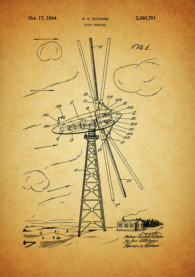 Wind Turbine Drawing - 1944 Wind Turbine by Dan Sproul