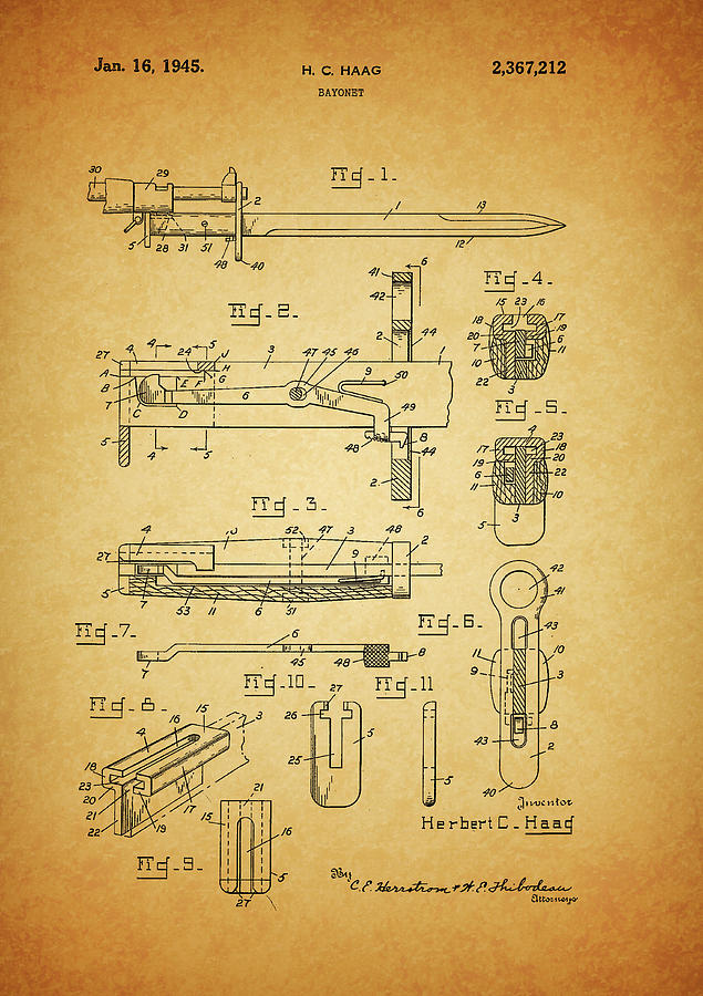 Bayonet Drawing - 1945 Bayonet Patent by Dan Sproul