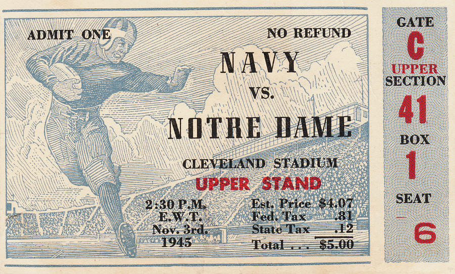1945 Navy vs. Notre Dame Football Ticket Stub Art Mixed Media by Row One Brand