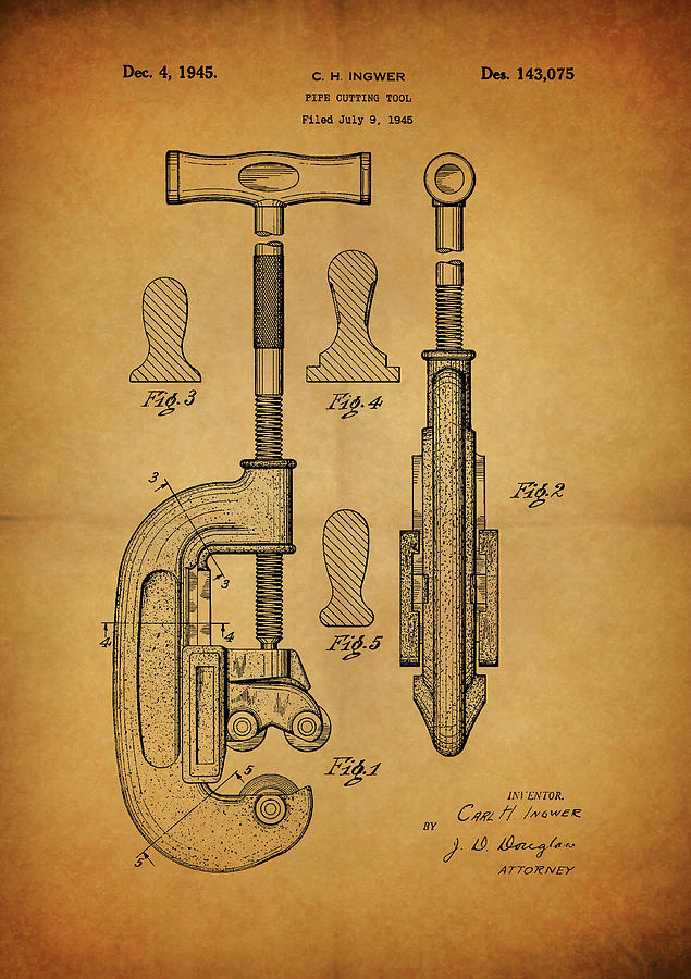Tool Drawing - 1945 Pipe Cutting Tool Patent by Dan Sproul