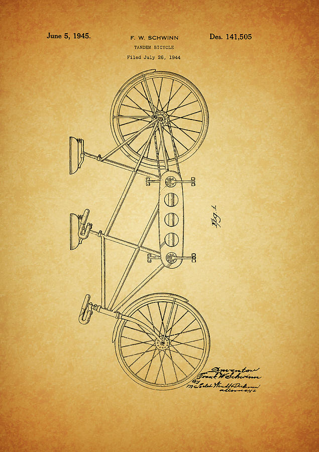 Bicycle Drawing - 1945 Tandem Bicycle Patent by Dan Sproul