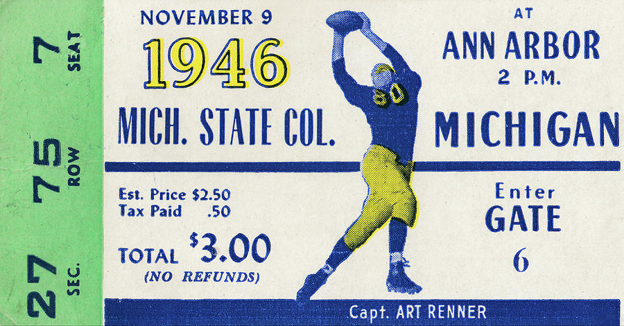 University Of Michigan Mixed Media - 1946 Michigan State College vs. Michigan Football Ticket Art by Row One Brand